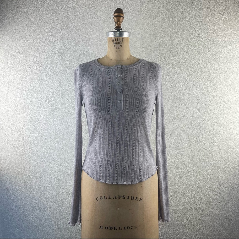 Wild Fable l S Semi-Sheer Ribbed Knit Henley Snap Long Sleeve Lettuce Ruffle Top